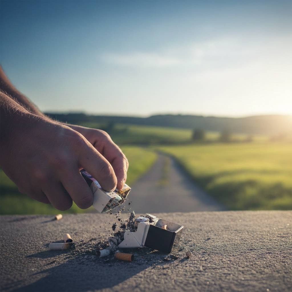 Pessoa a esmagar um maço de cigarros, simbolizando o apoio para deixar de fumar