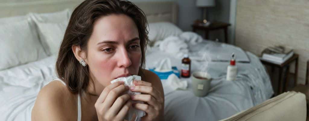 Constipação, gripe ou Covid-19: mulher com sintomas respiratórios em casa