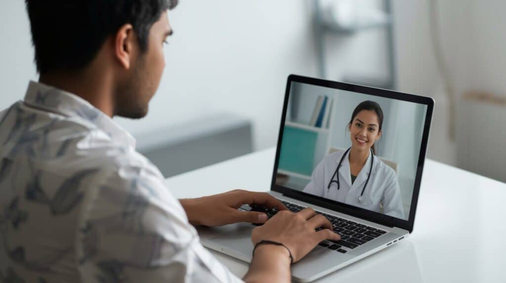 Consulta médica online durante a gripe, com foco nos cuidados em casa e na autodeclaração