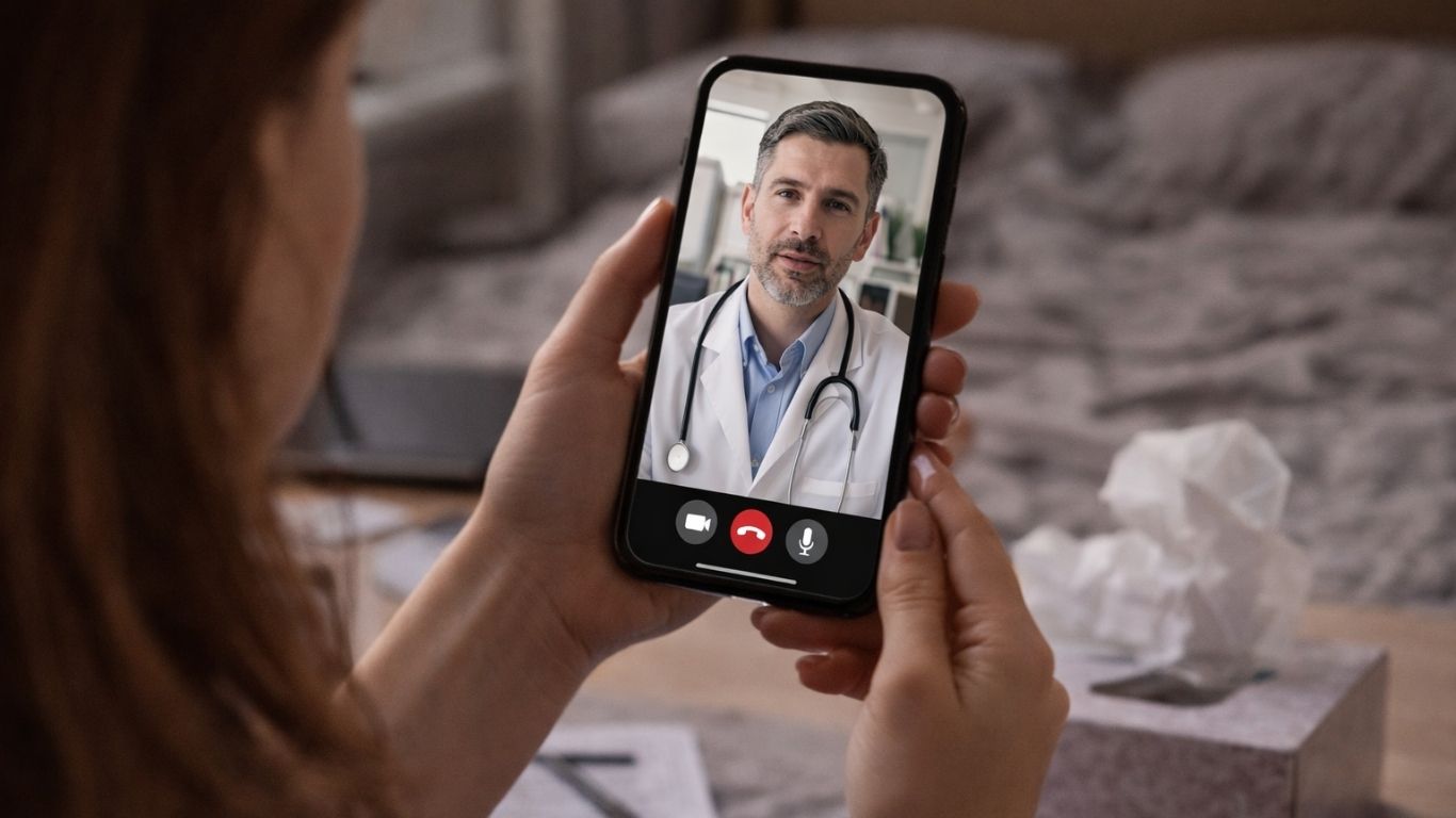 Mulher em casa a realizar consulta médica por vídeo no smartphone para avaliação de infeção urinária com médico.