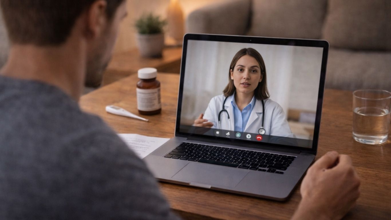 Homem em casa a realizar consulta médica por vídeo no portátil para diagnóstico de infeção urinária com profissional de saúde.