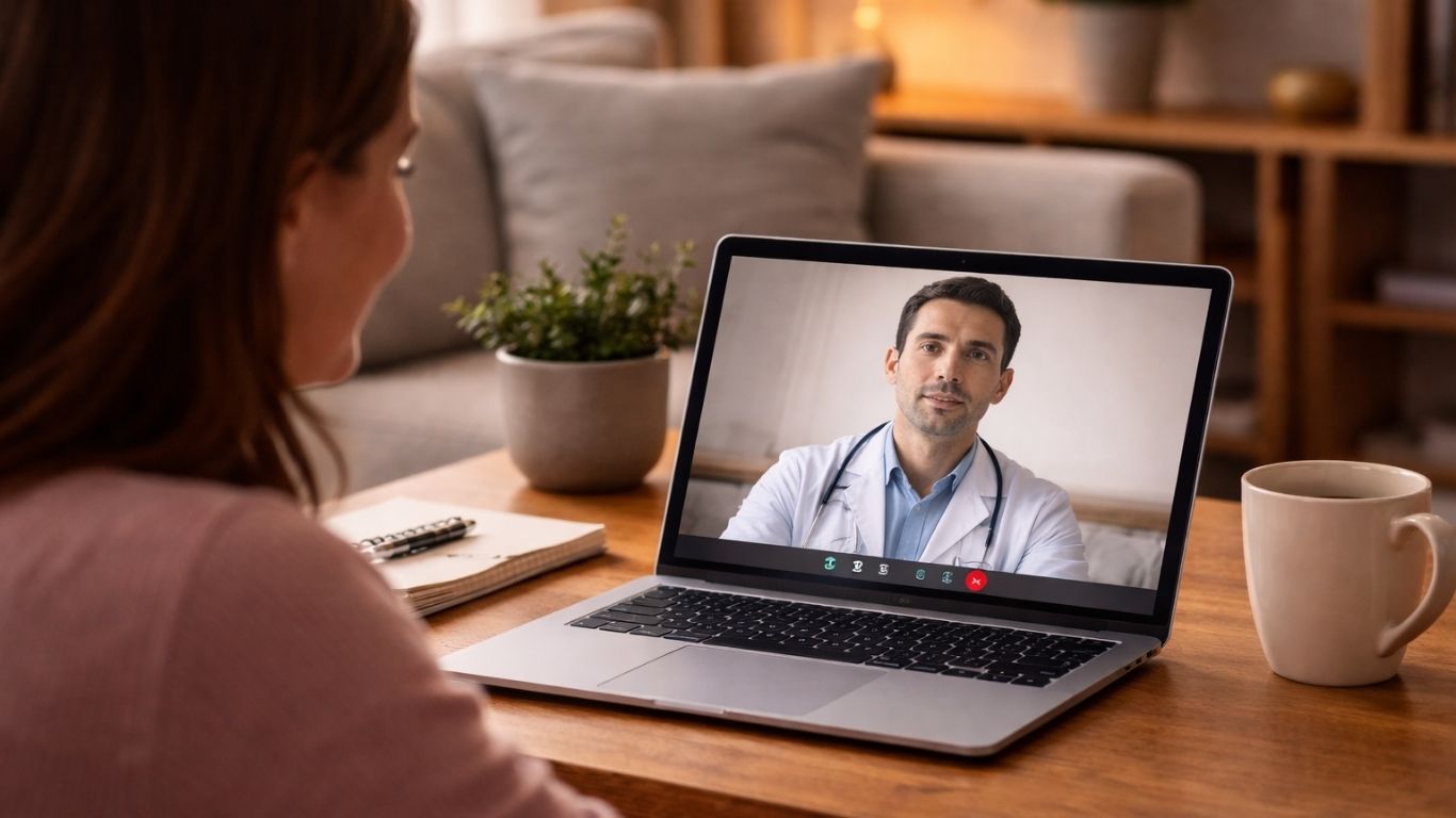 Mulher em casa a realizar consulta médica por vídeo no portátil para avaliação de infeção urinária com médico.