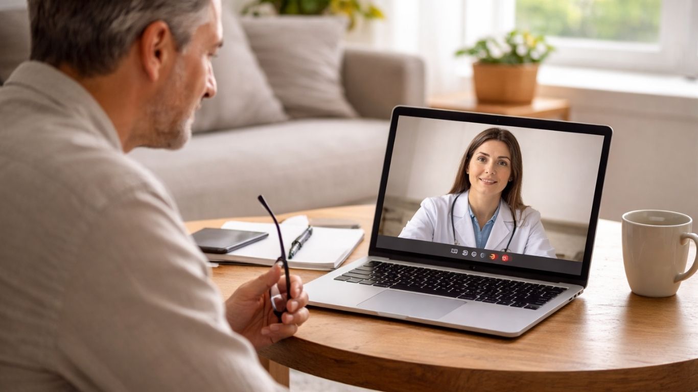 Homem em casa a realizar consulta médica por vídeo no portátil para diagnóstico de infeção urinária com médico.