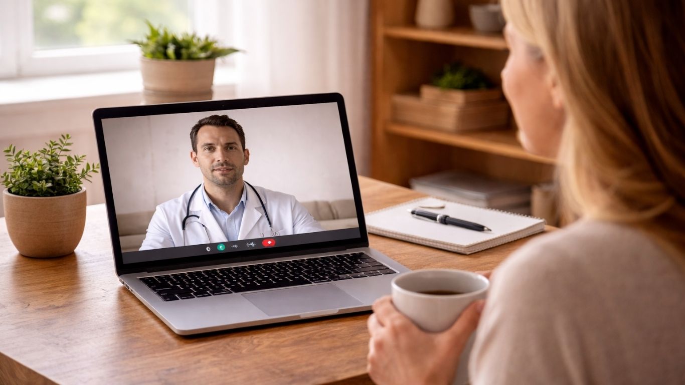 Mulher em casa a realizar consulta médica por vídeo no portátil para avaliação de eczema atópico com médico dermatologista.