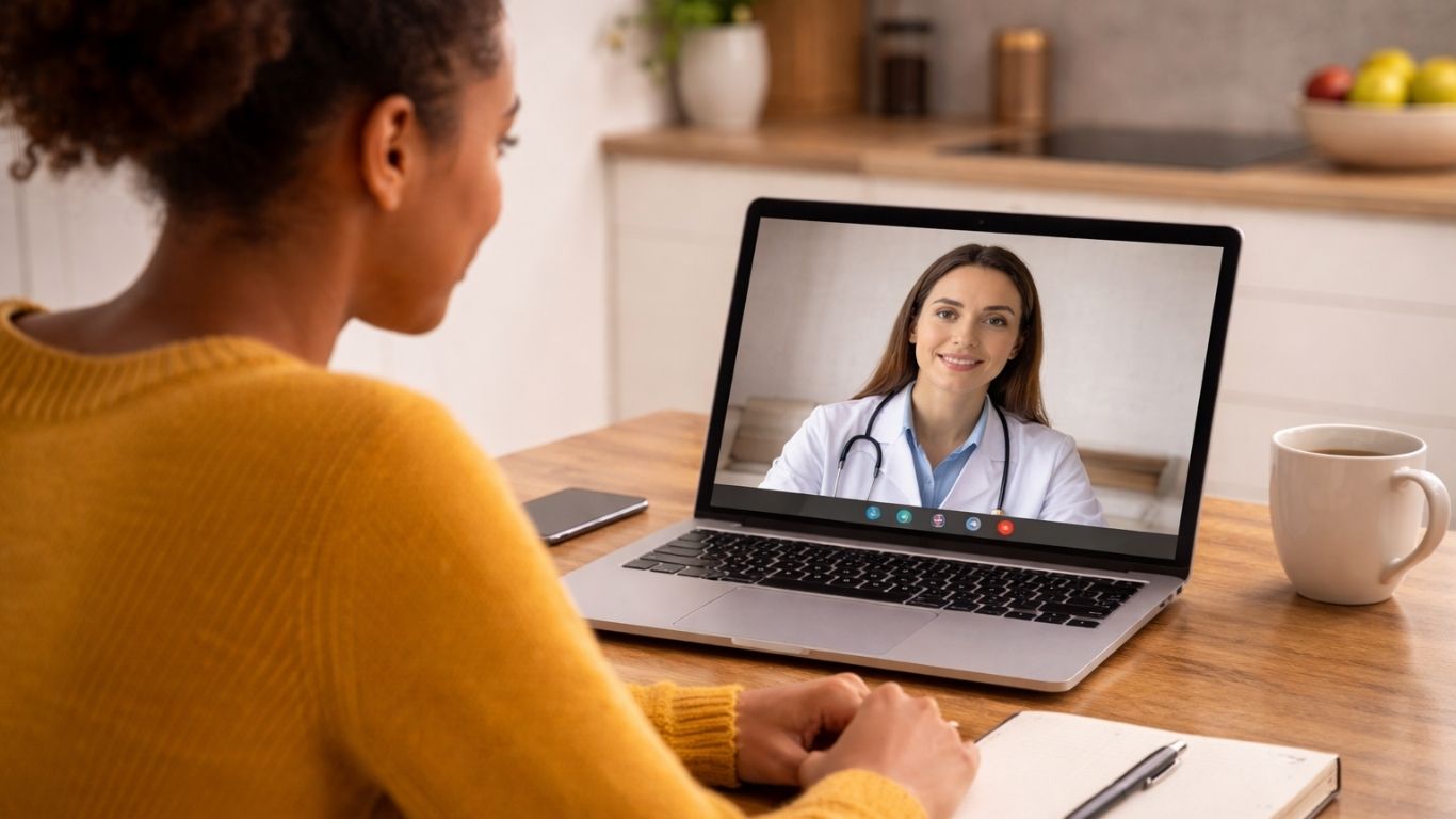 Mulher em casa a realizar consulta médica por vídeo no portátil para avaliação de eczema com médico dermatologista.