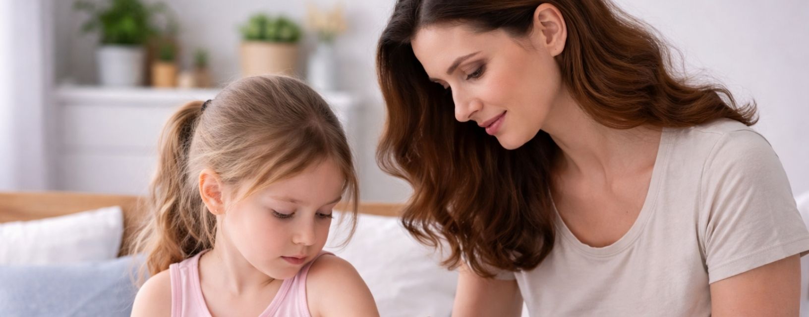 Mãe a observar eczema nas crianças no braço da filha em ambiente doméstico