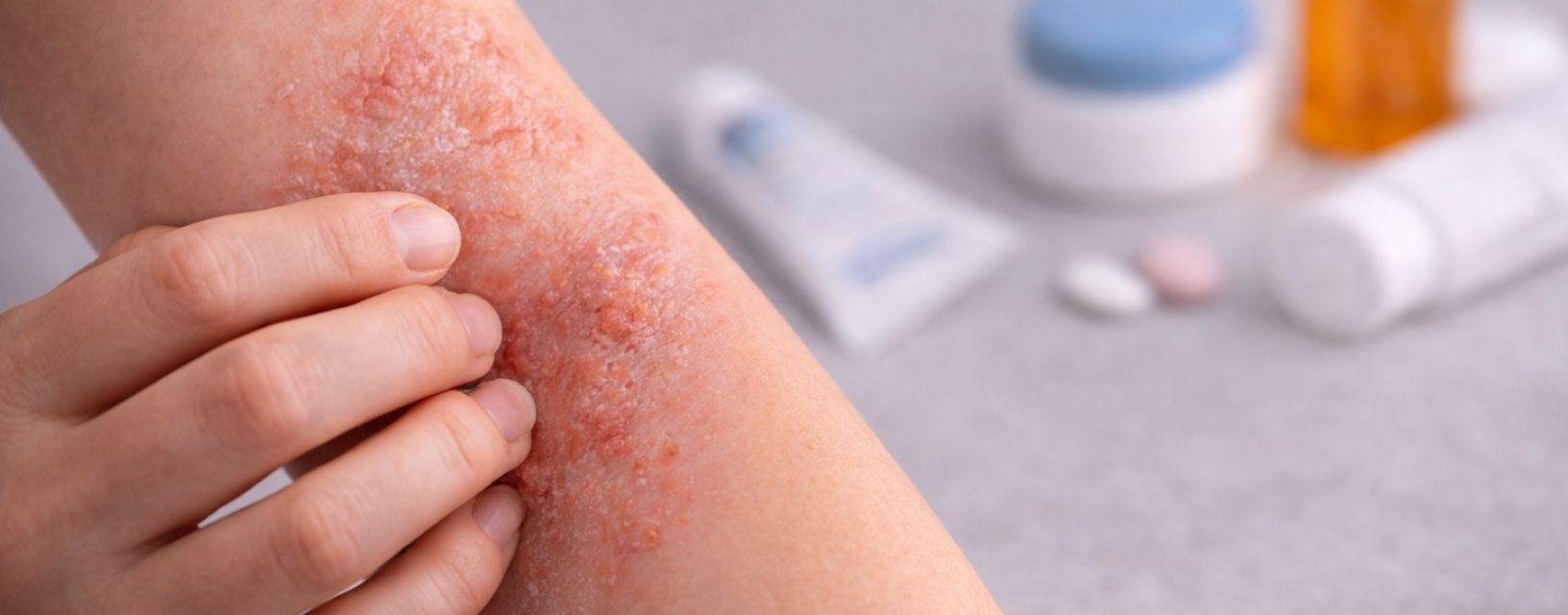 Close-up de eczema atópico no braço com pele irritada, vermelha e com descamação