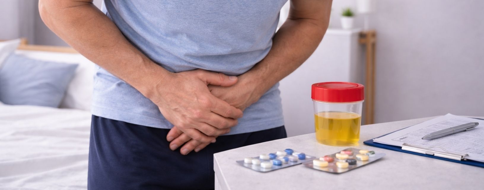 Homem com dor abdominal associada a infeção urinária junto a recipiente de urina e medicação
