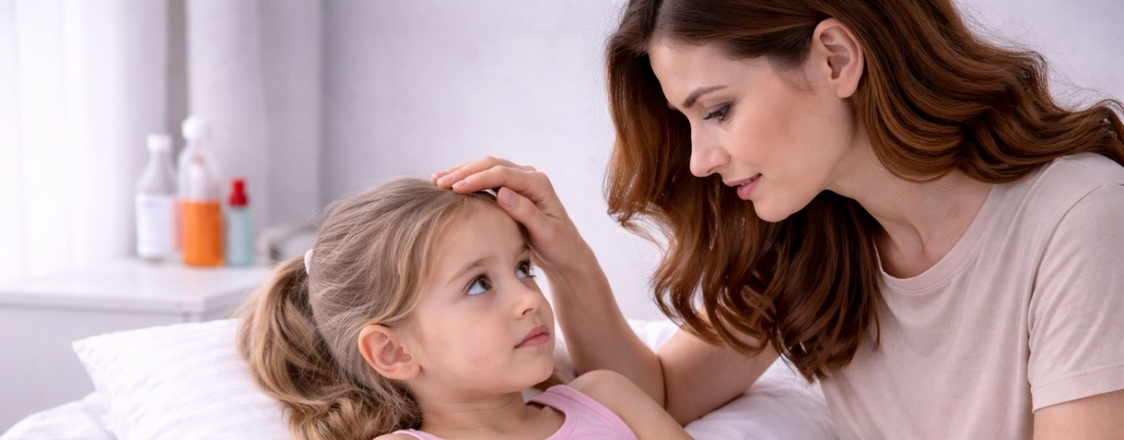 Mãe a cuidar de criança com possível infeção urinária em ambiente doméstico