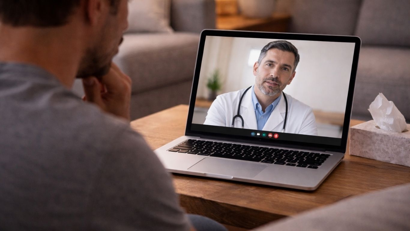 Pessoa a receber orientação sobre alergia alimentar através de videochamada no computador