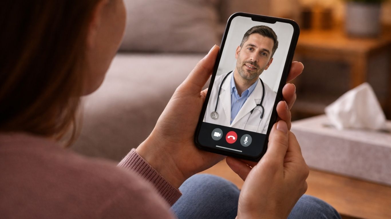 Pessoa a fazer acompanhamento de rinite alérgica através de videochamada no telemóvel
