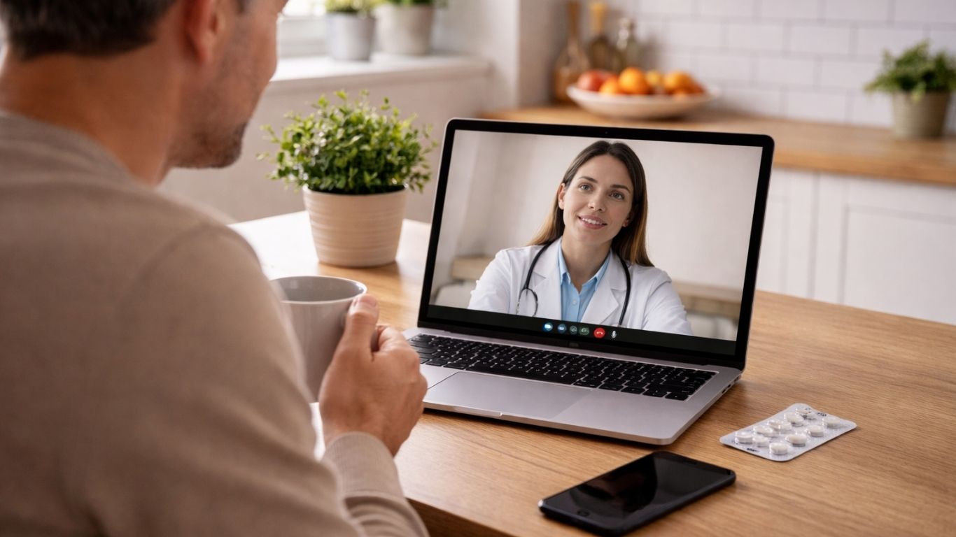 Pessoa a fazer acompanhamento de eczema através de videochamada no computador