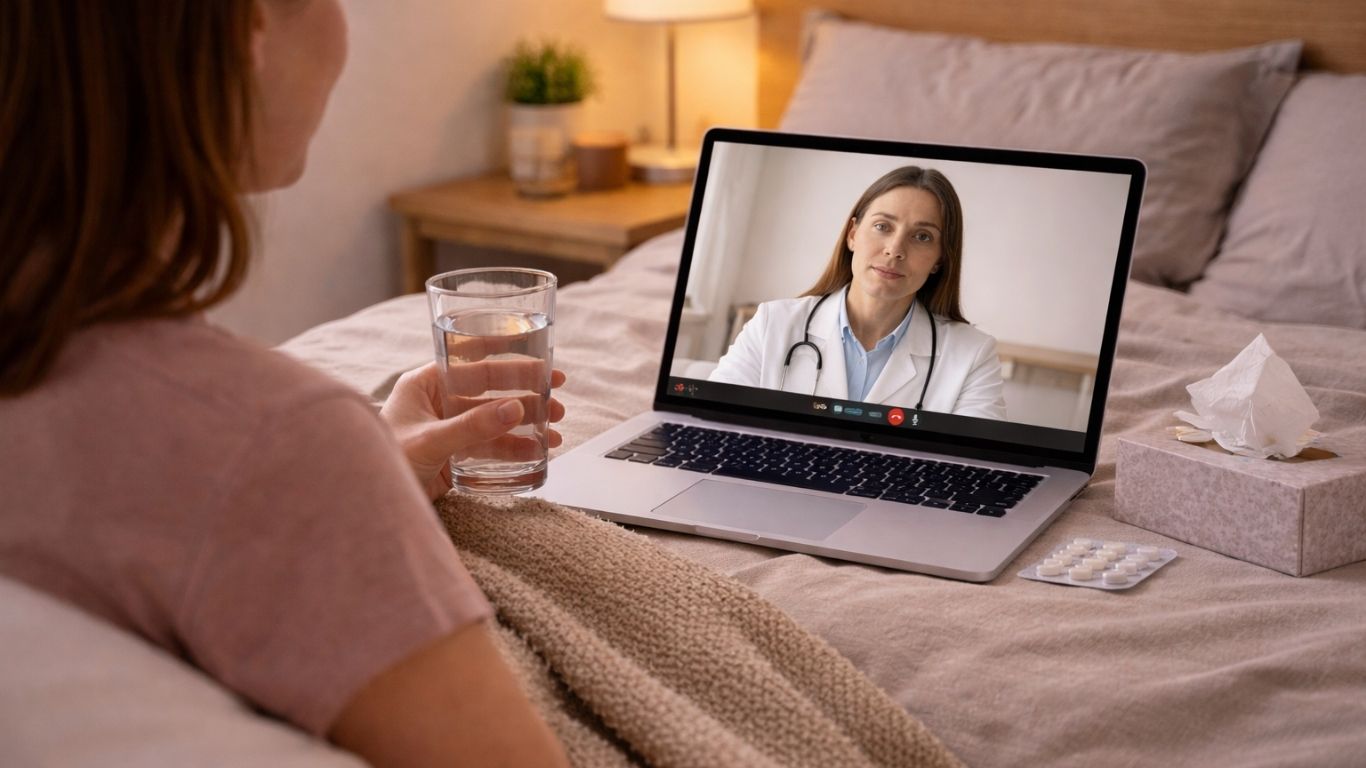 Pessoa em casa a fazer consulta do viajante online através de videochamada