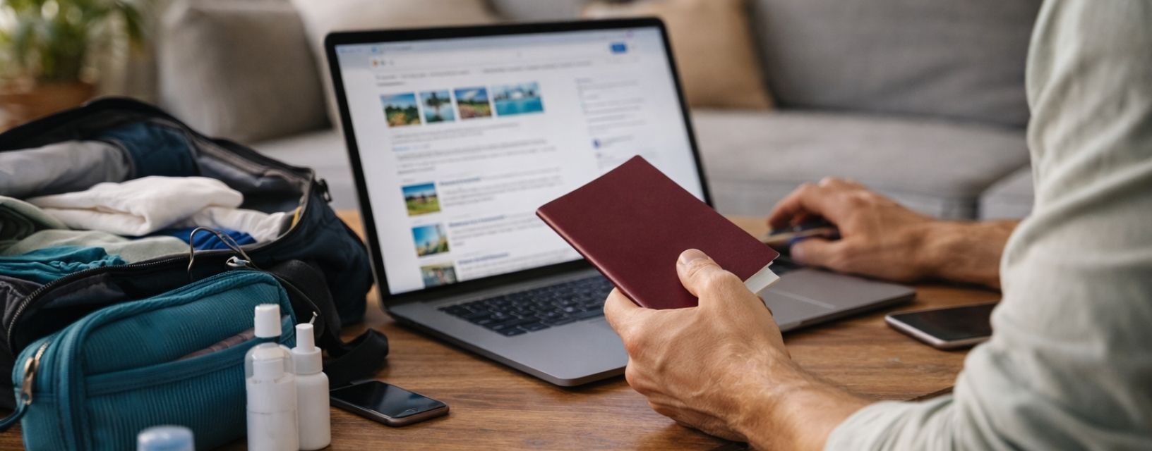 Pessoa a preparar viagem com passaporte e kit de saúde relacionado com consulta do viajante