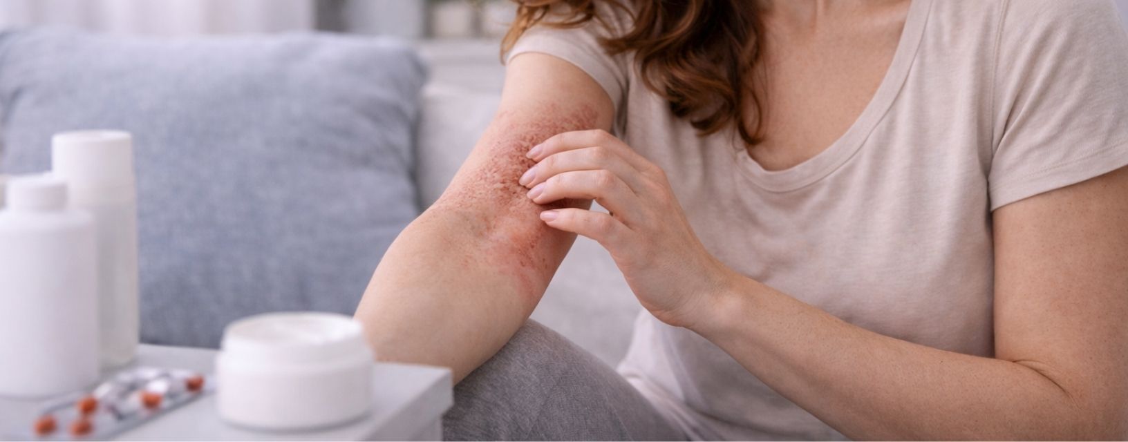 Mulher com eczema no braço a coçar zona afetada em casa