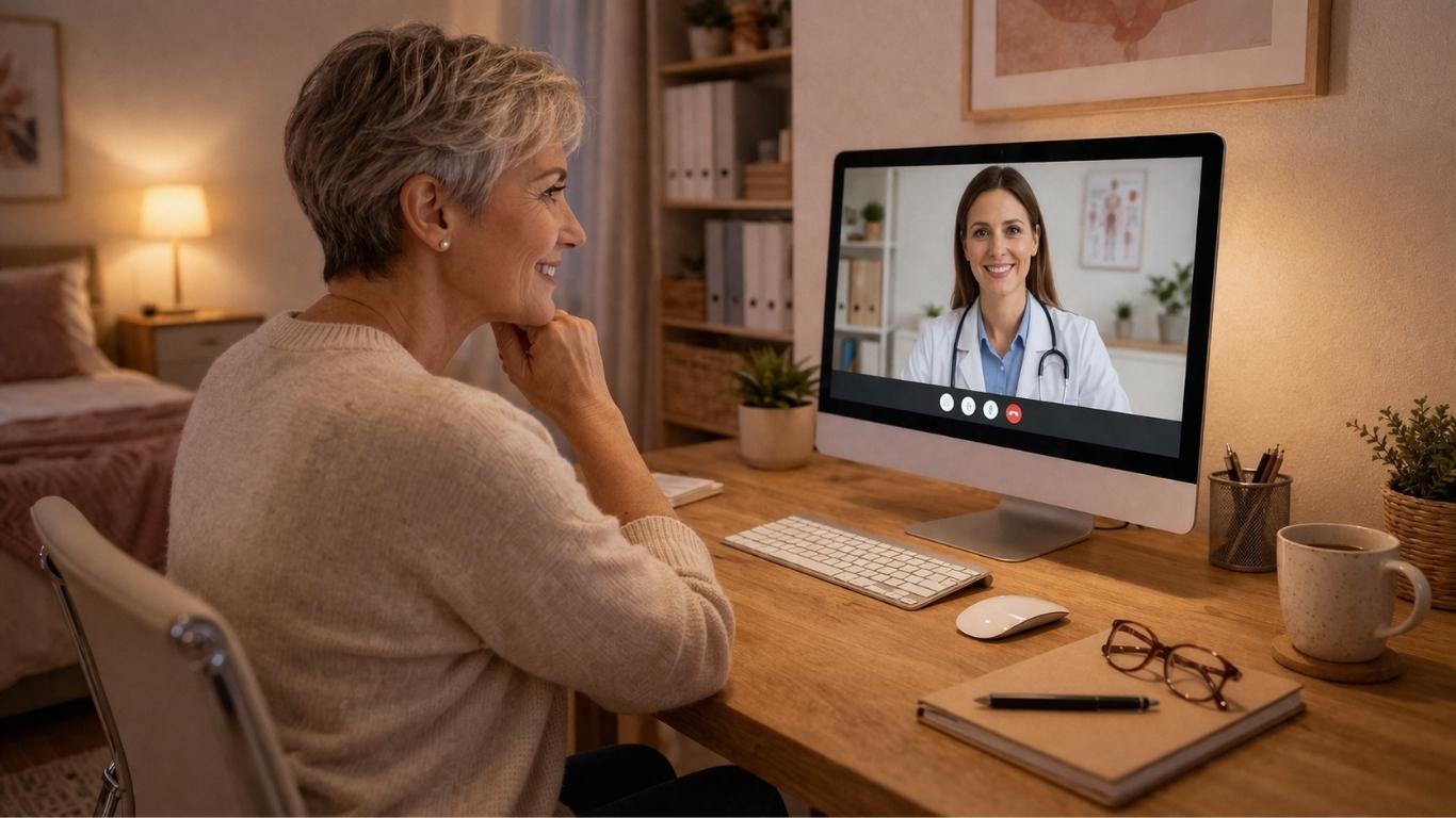 Mulher em casa a realizar consulta médica por vídeo no computador para tratar sintomas de infeção urinária de forma prática e segura