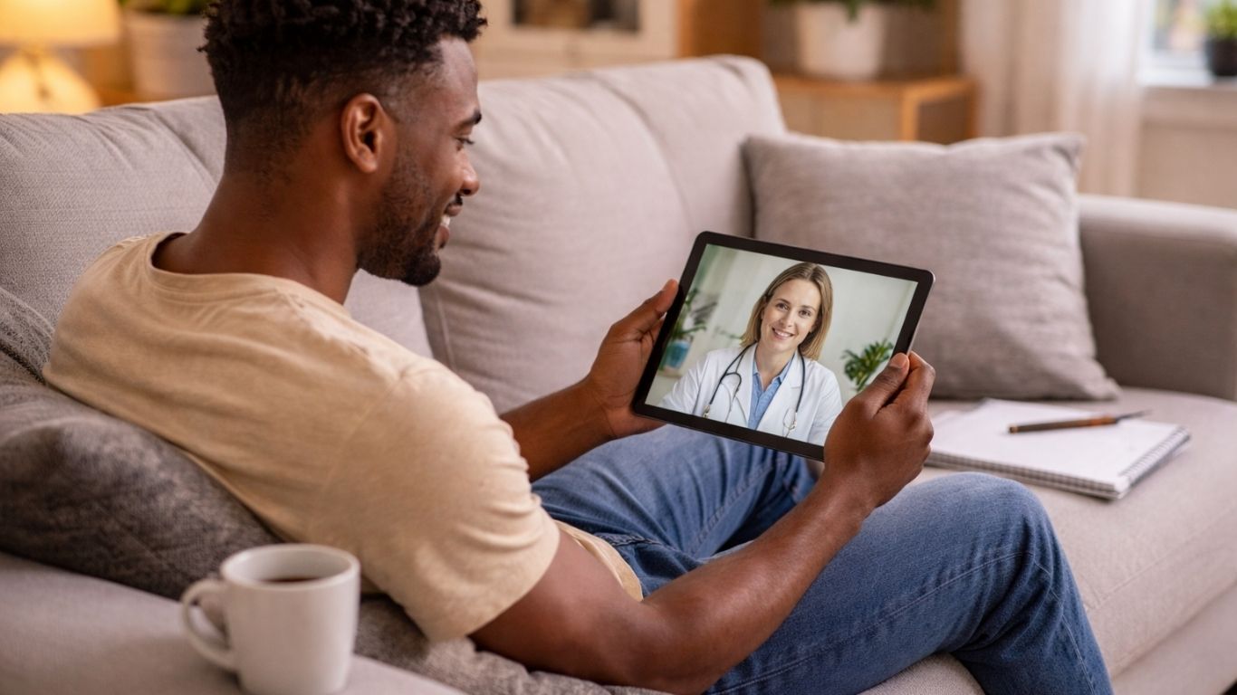 Paciente em casa em consulta online sobre herpes labial com médica no tablet