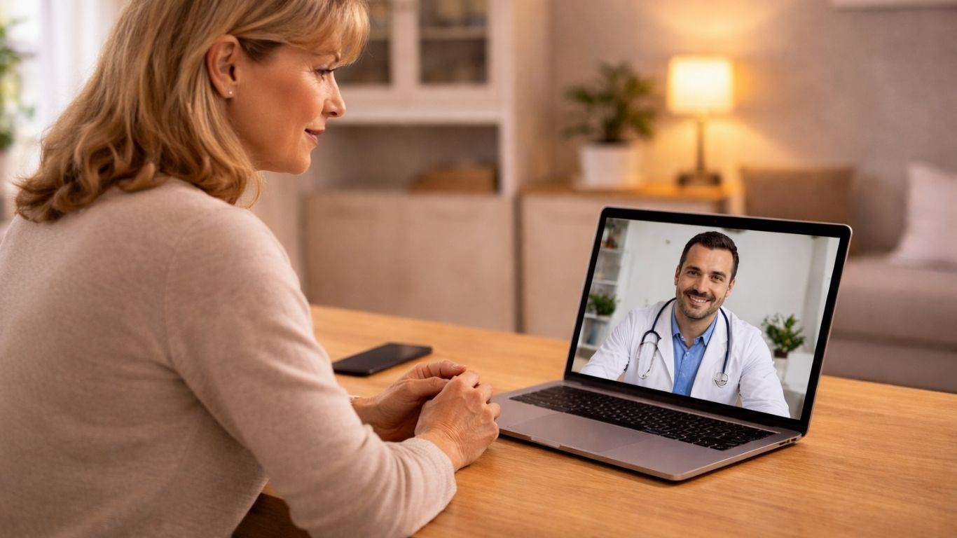 Mulher em casa em consulta online sobre herpes labial recorrente com médico no portátil