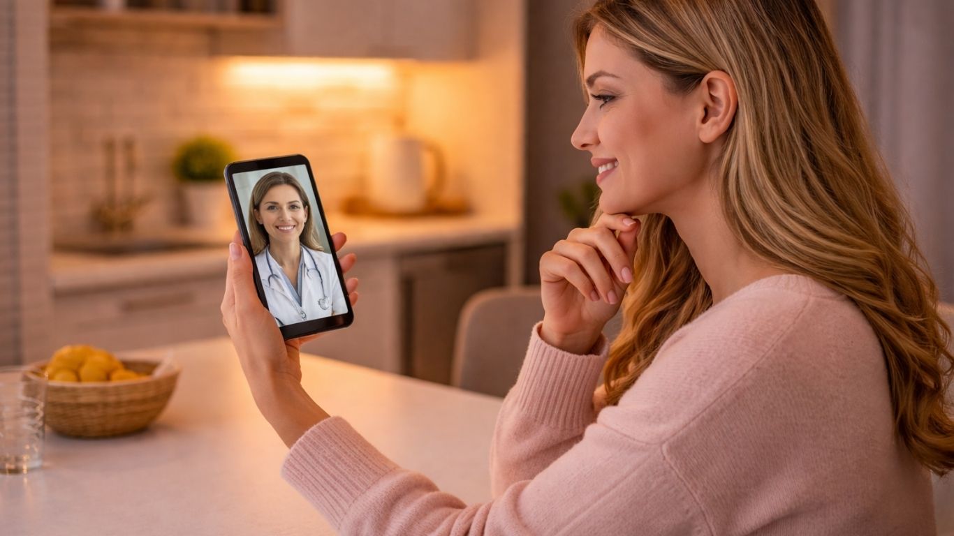 Mulher em casa em consulta online sobre candidíase vaginal com médica no smartphone