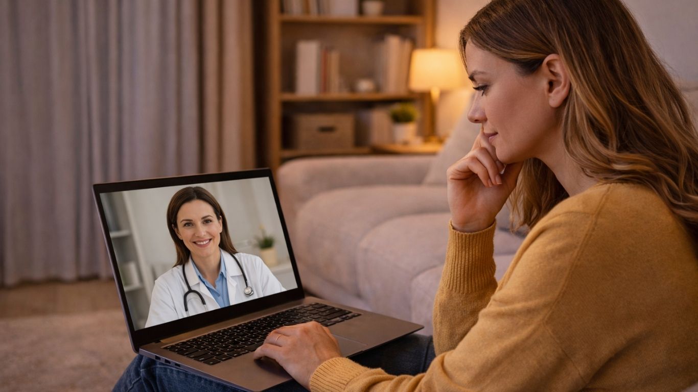 Mulher em casa no sofá em consulta online sobre candidíase vaginal recorrente com médica no portátil