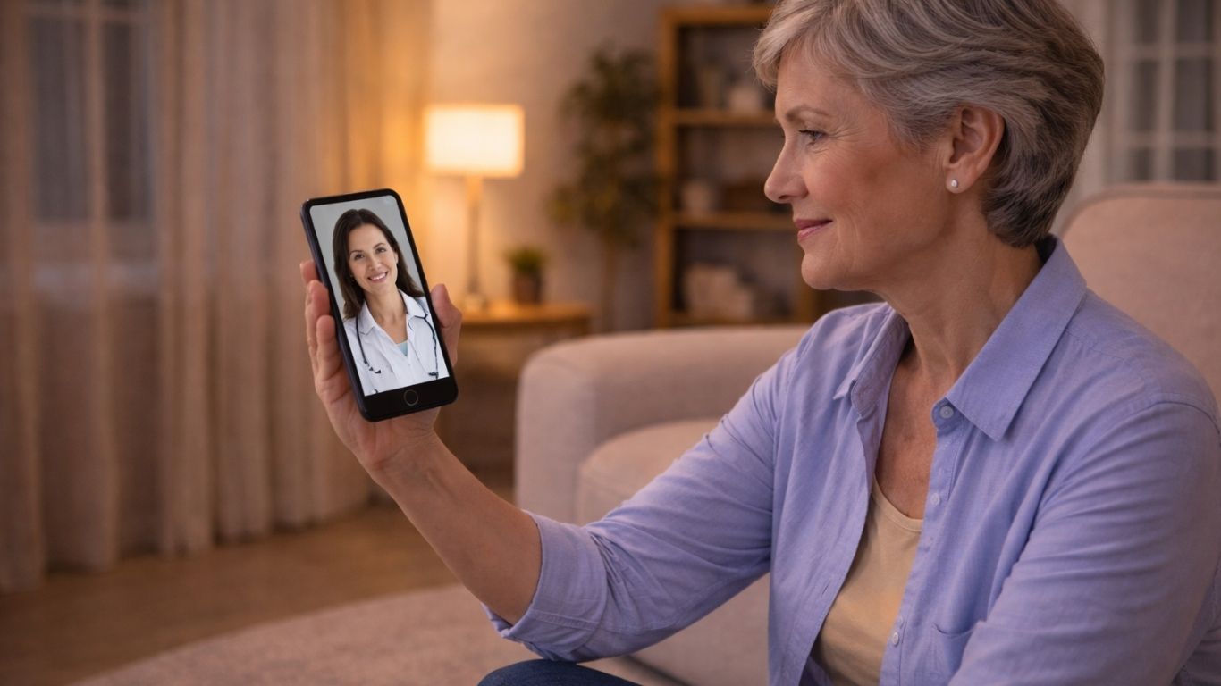 Mulher mais velha em casa em consulta online sobre enxaqueca com médica no smartphone