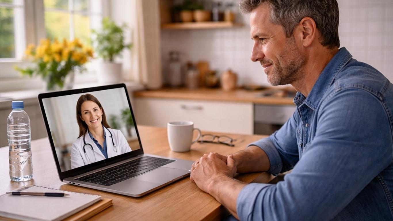 Homem em casa em consulta online sobre enxaqueca com médica no portátil