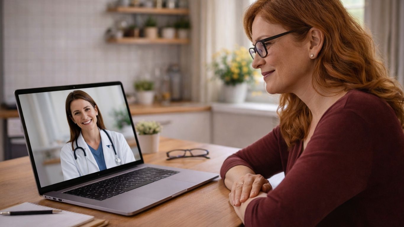 Mulher em casa em consulta online sobre pelos faciais com médica no portátil