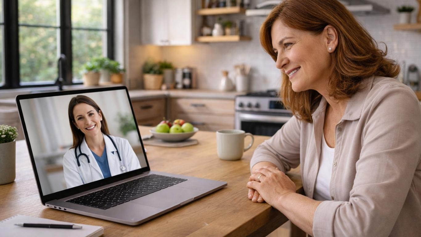 Mulher em casa na cozinha em consulta online sobre pelos faciais com médica no portátil