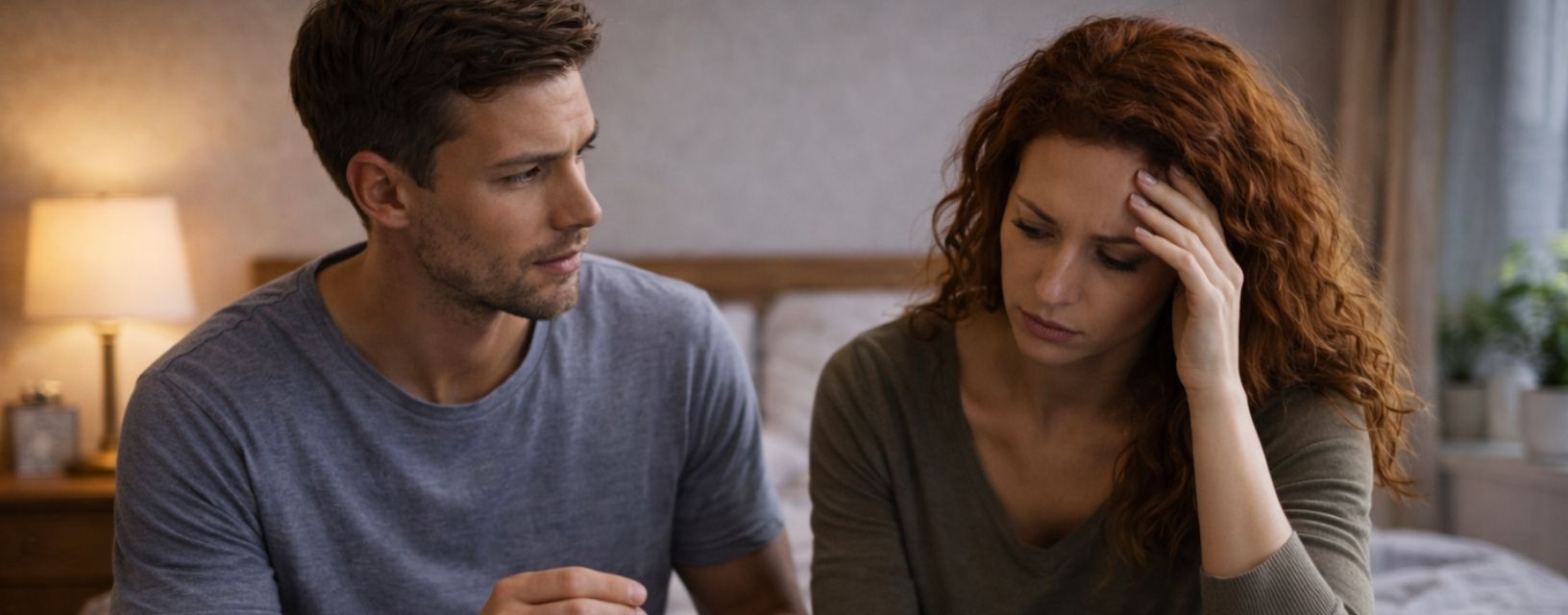 Casal sentado na cama em ambiente doméstico com expressão preocupada, representando o impacto emocional do herpes labial