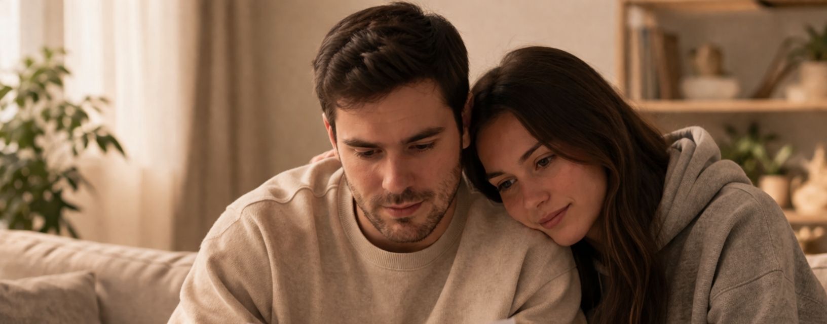 Casal sentado no sofá a analisar um documento em ambiente doméstico, representando a gestão do herpes labial recorrente