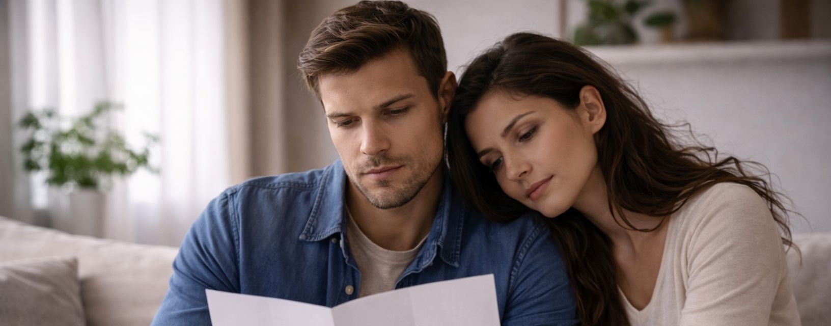 Casal sentado no sofá a analisar um documento em ambiente doméstico, representando a gestão da candidíase vaginal recorrente