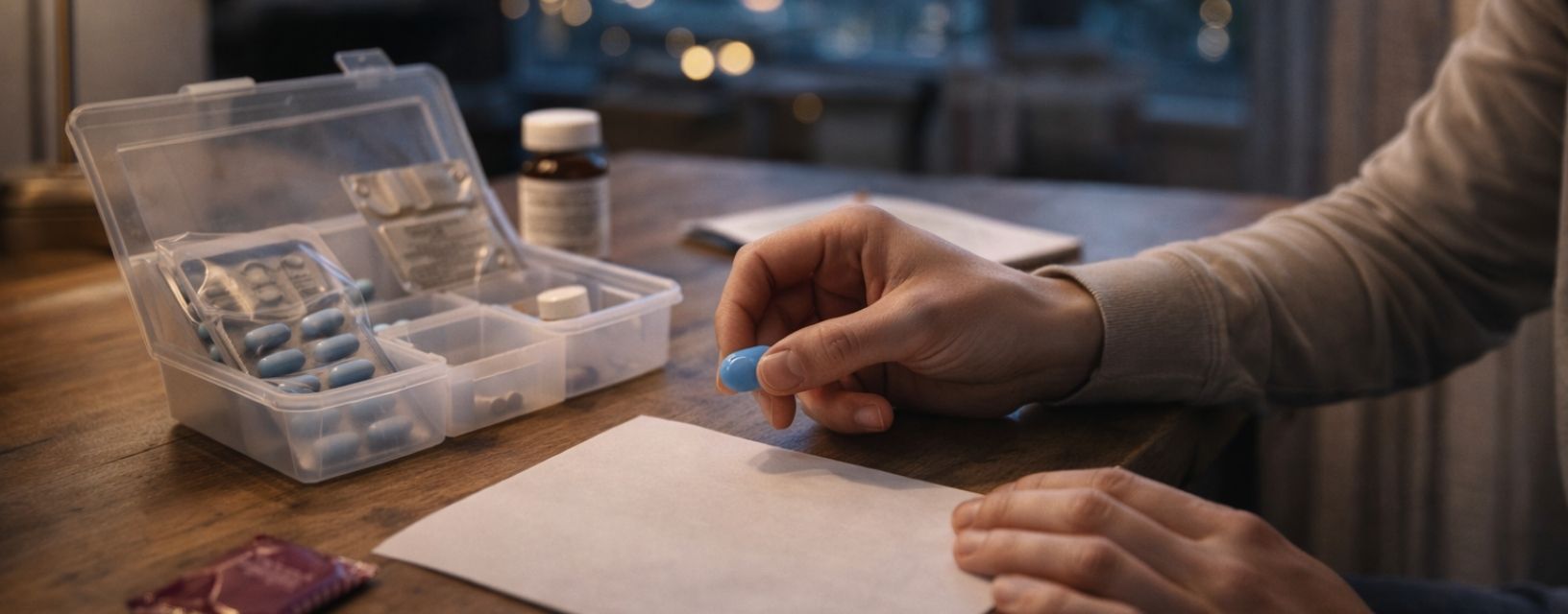 Pessoa a segurar comprimido junto a organizador de medicamentos em ambiente doméstico, representando o tratamento da enxaqueca