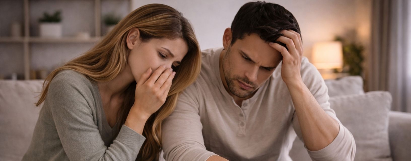 Casal sentado no sofá com expressão preocupada junto a medicamentos, representando o impacto da enxaqueca no quotidiano