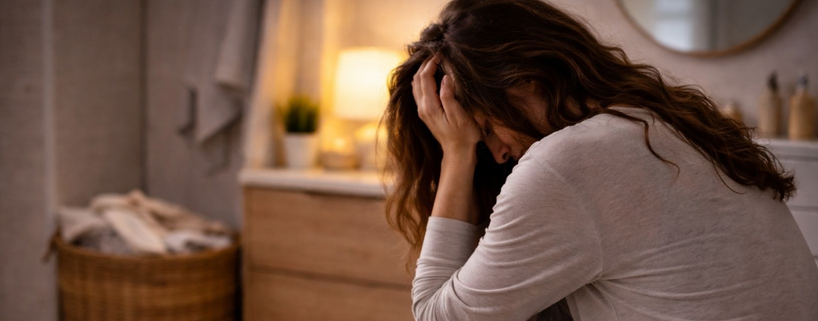 Mulher sentada na casa de banho com expressão de desconforto, representando o impacto emocional dos pelos faciais