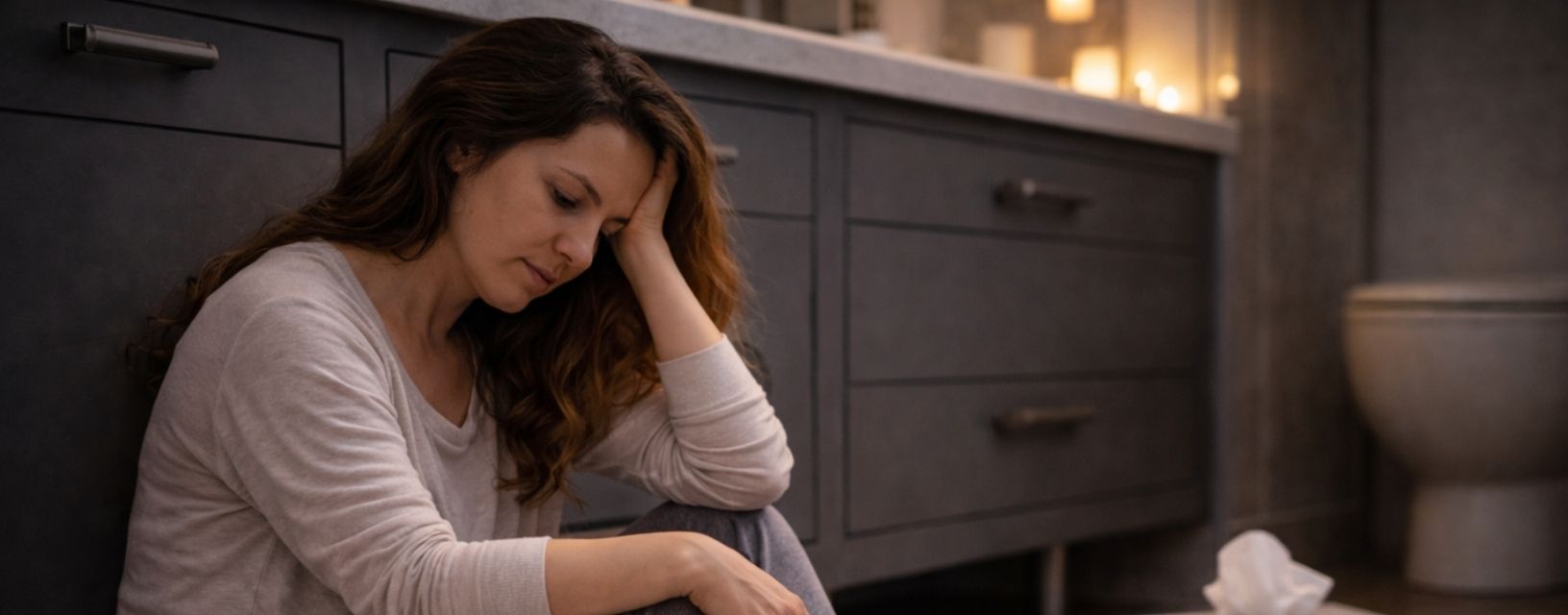 Mulher sentada no chão da casa de banho com expressão triste e pensativa, associada ao impacto dos pelos faciais