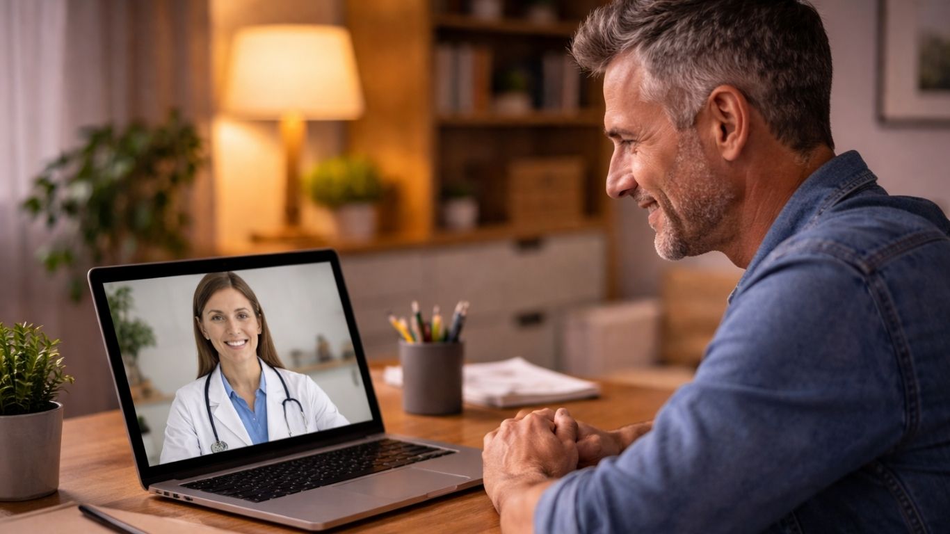 Homem sorridente em casa realizando consulta médica por vídeo no notebook, representando o suporte de saúde ideal para o viajante que busca atendimento remoto.