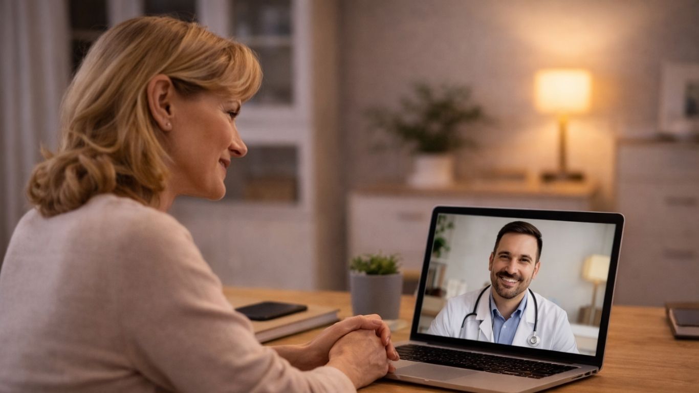 Mulher loira sentada em uma mesa, conversando por vídeo em seu notebook com um médico homem sorridente de jaleco branco, representando como o viajante pode obter assistência médica remota de qualquer lugar do mundo.