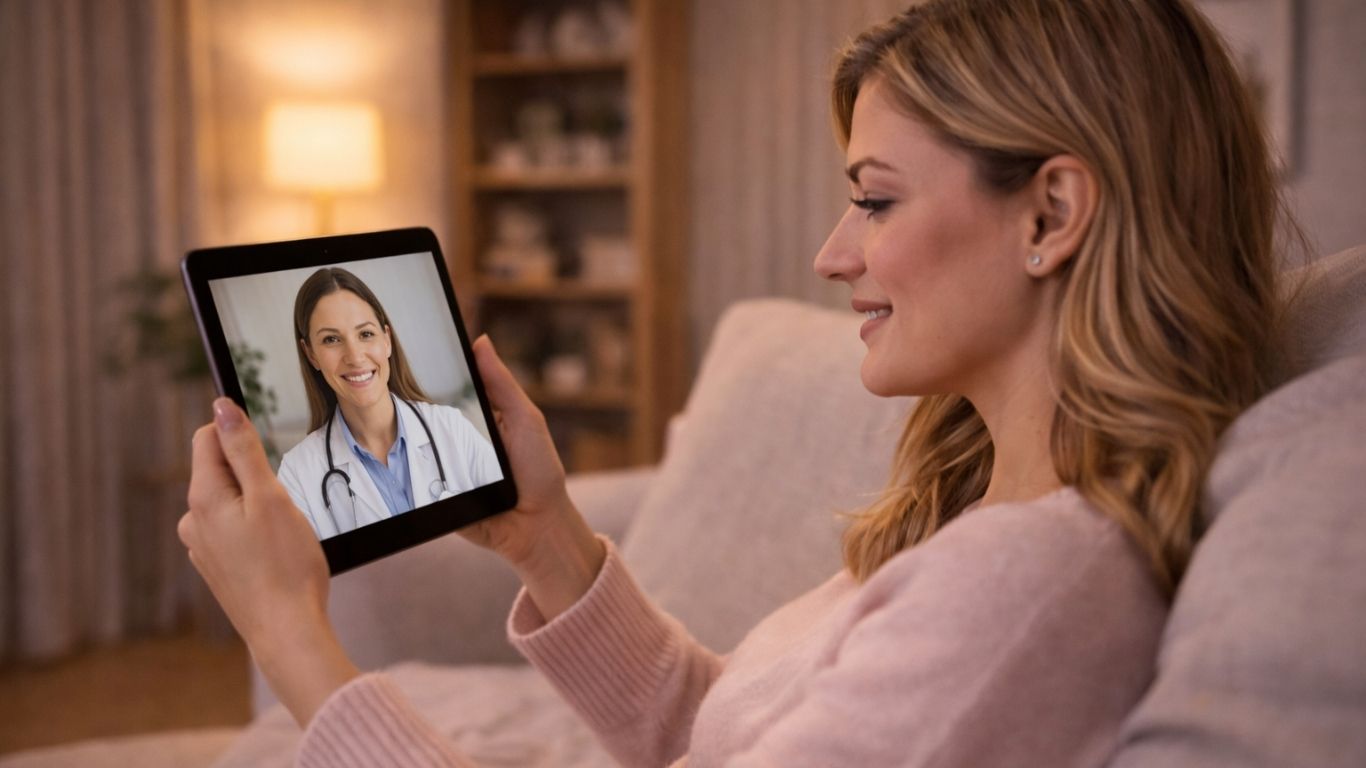 Mulher em casa usa tablet para realizar uma consulta do viajante via telemedicina com uma médica sorridente.