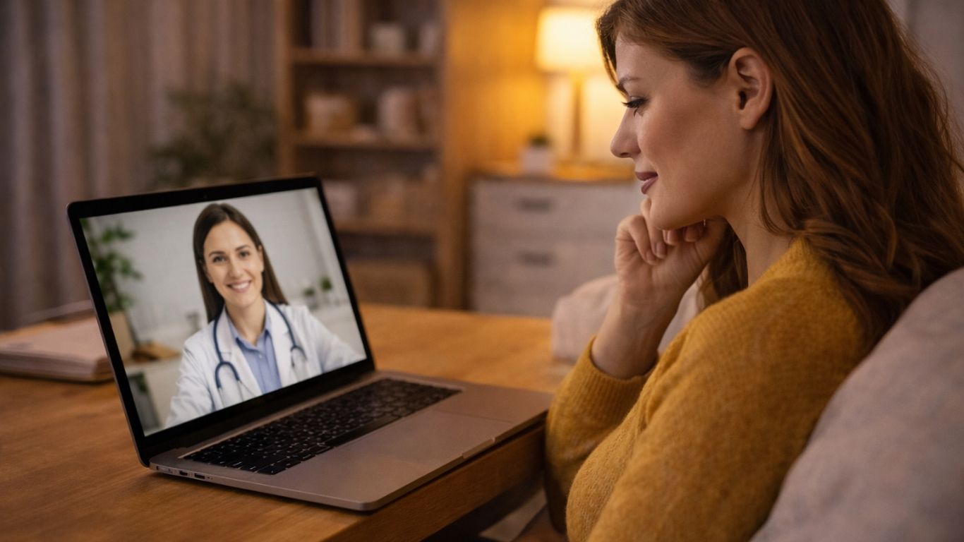 Mulher em casa realizando consulta médica por vídeo no notebook para tratar sintomas de infeção urinária de forma rápida e segura.