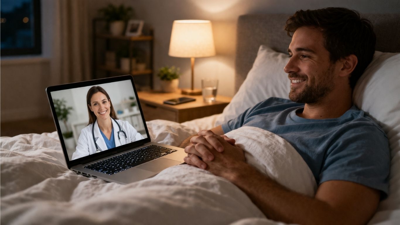 Homem deitado na cama a realizar consulta médica por vídeo no notebook para tratar sintomas de infeção urinária de forma rápida e segura
