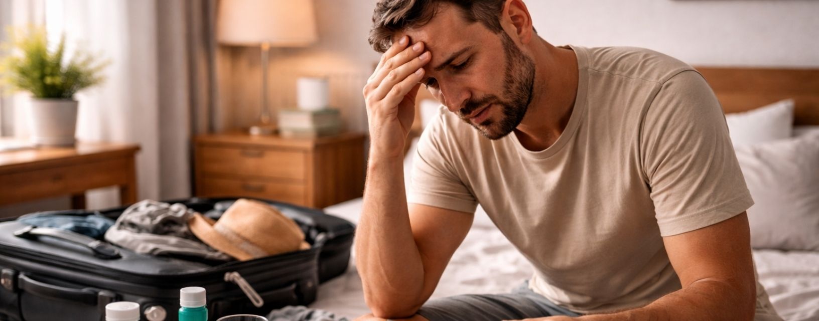 homem sentado na cama com mala de viagem aberta a verificar febre com termómetro após regressar de viagem