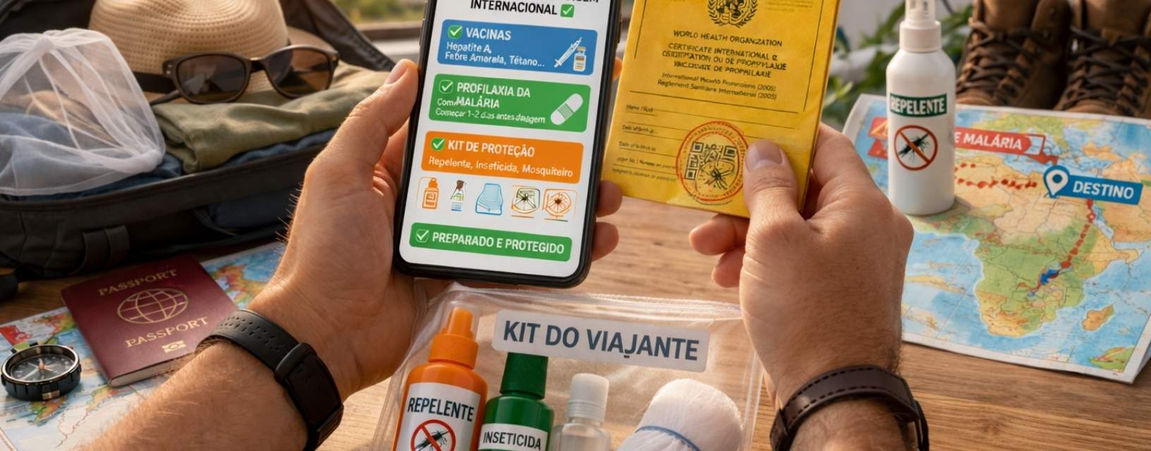 preparação de viagem com passaporte, mapa, kit de saúde e certificado de vacinação para viagem internacional