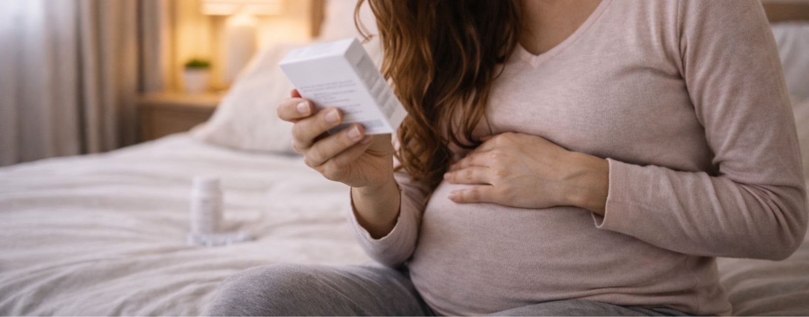 Mulher grávida sentada na cama a analisar uma embalagem sem texto visível, com expressão preocupada relacionada com infeções como Mycoplasma genitalium