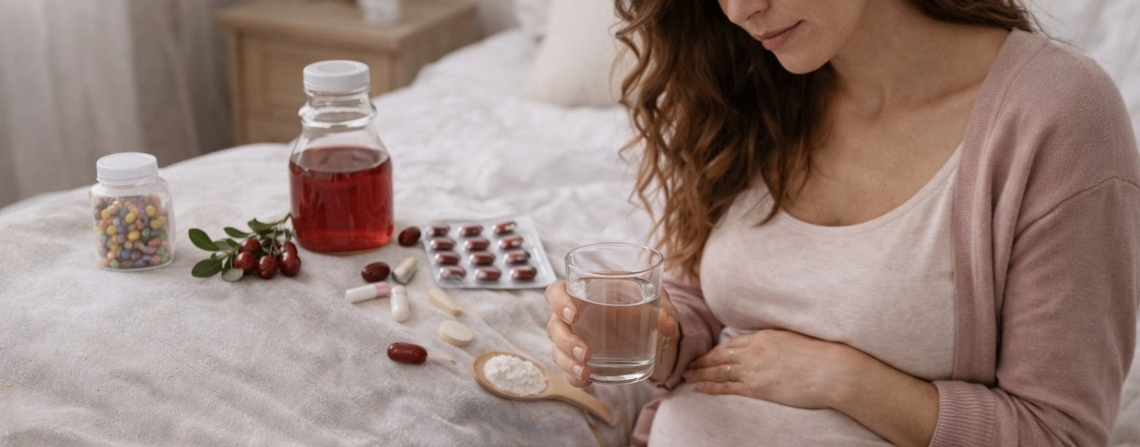 Grávida sentada na cama a segurar um copo de água com suplementos ao lado, representando prevenção da infeção urinária de repetição