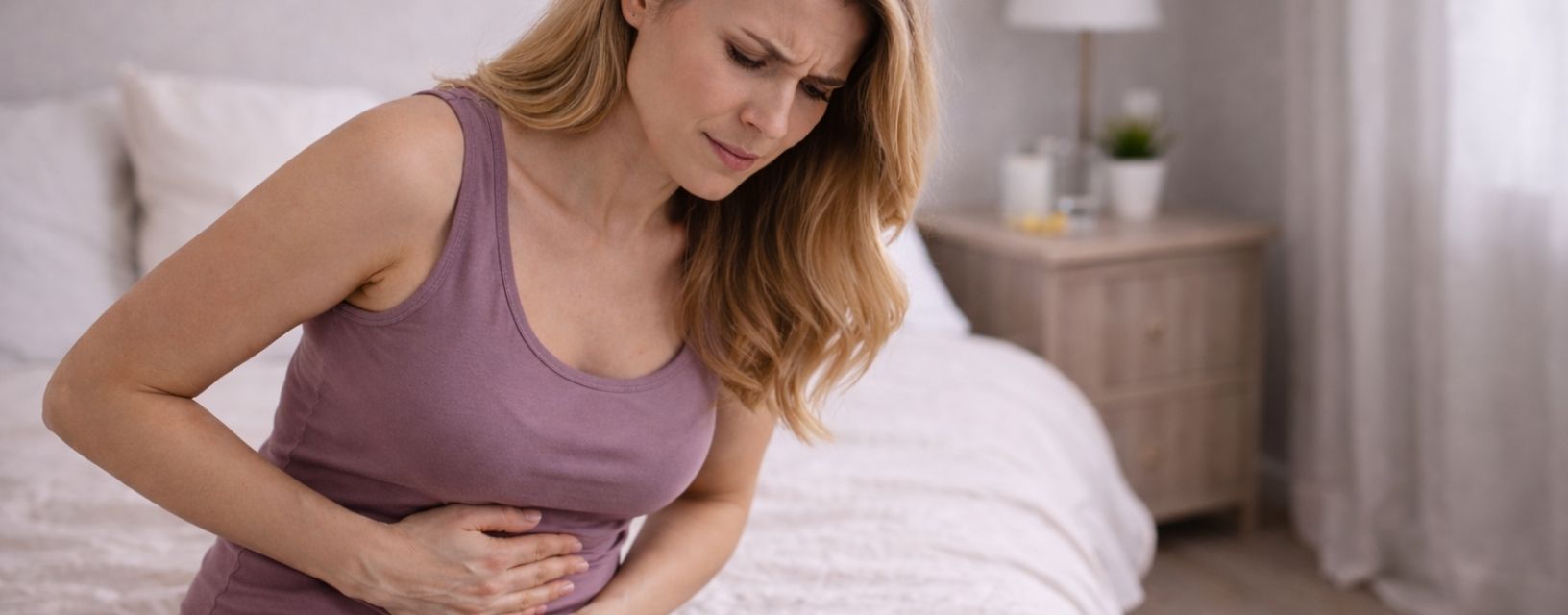 Mulher com sintomas de infeção urinária sentada na cama com dor abdominal inferior