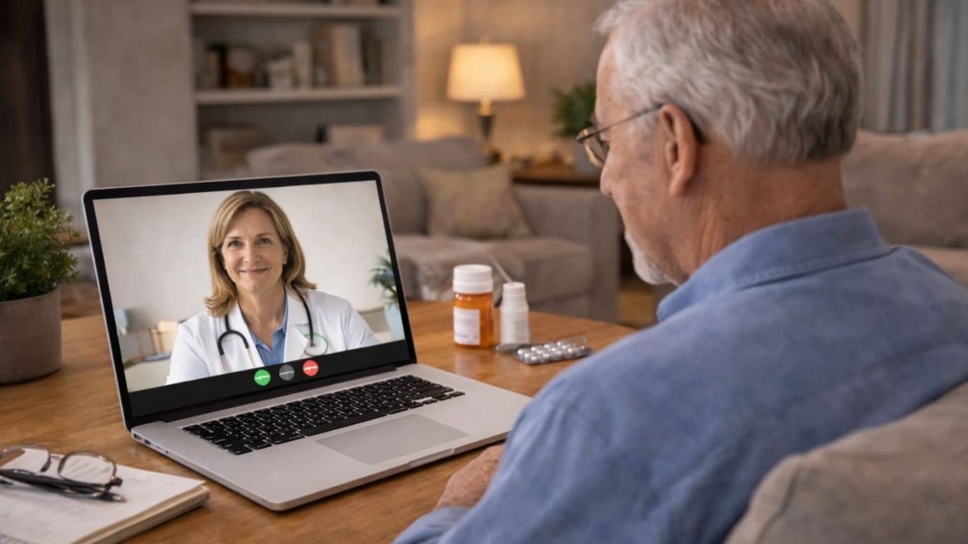 Homem em casa em teleconsulta médica para controlo da diabetes tipo 2