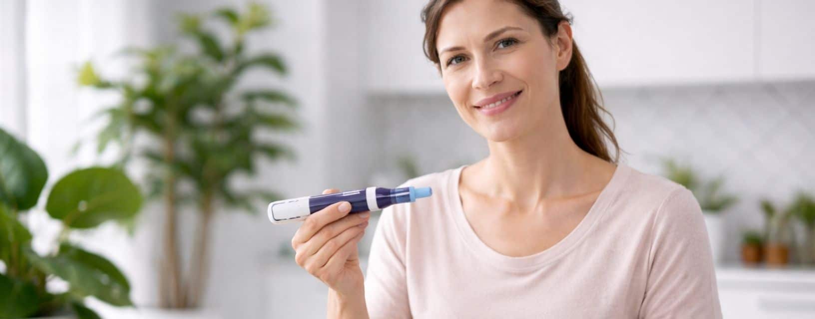 Mulher a utilizar dispositivo de monitorização e caneta de insulina para controlo da diabetes tipo 2