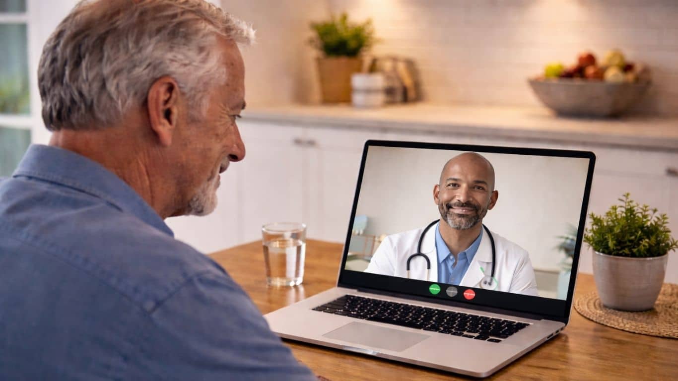 Homem em casa em teleconsulta médica para plano de perda de peso