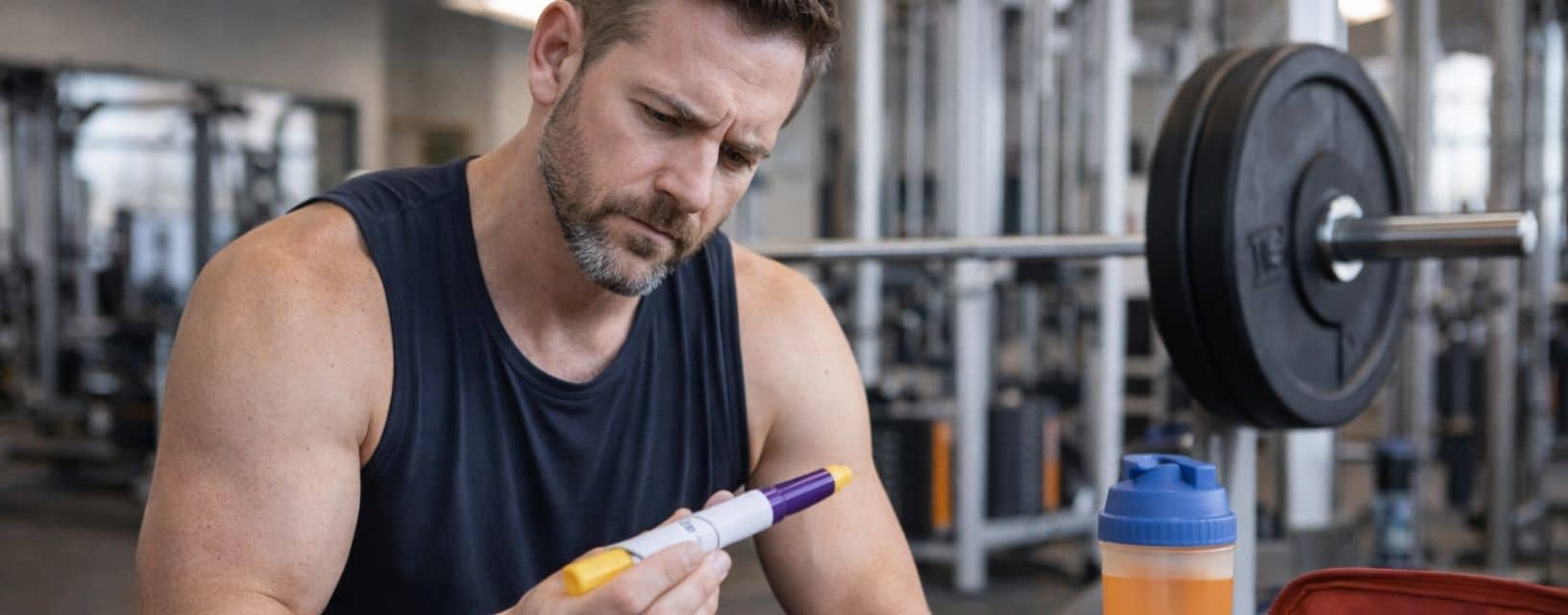Homem no ginásio a preparar caneta injetável durante processo de perda de peso