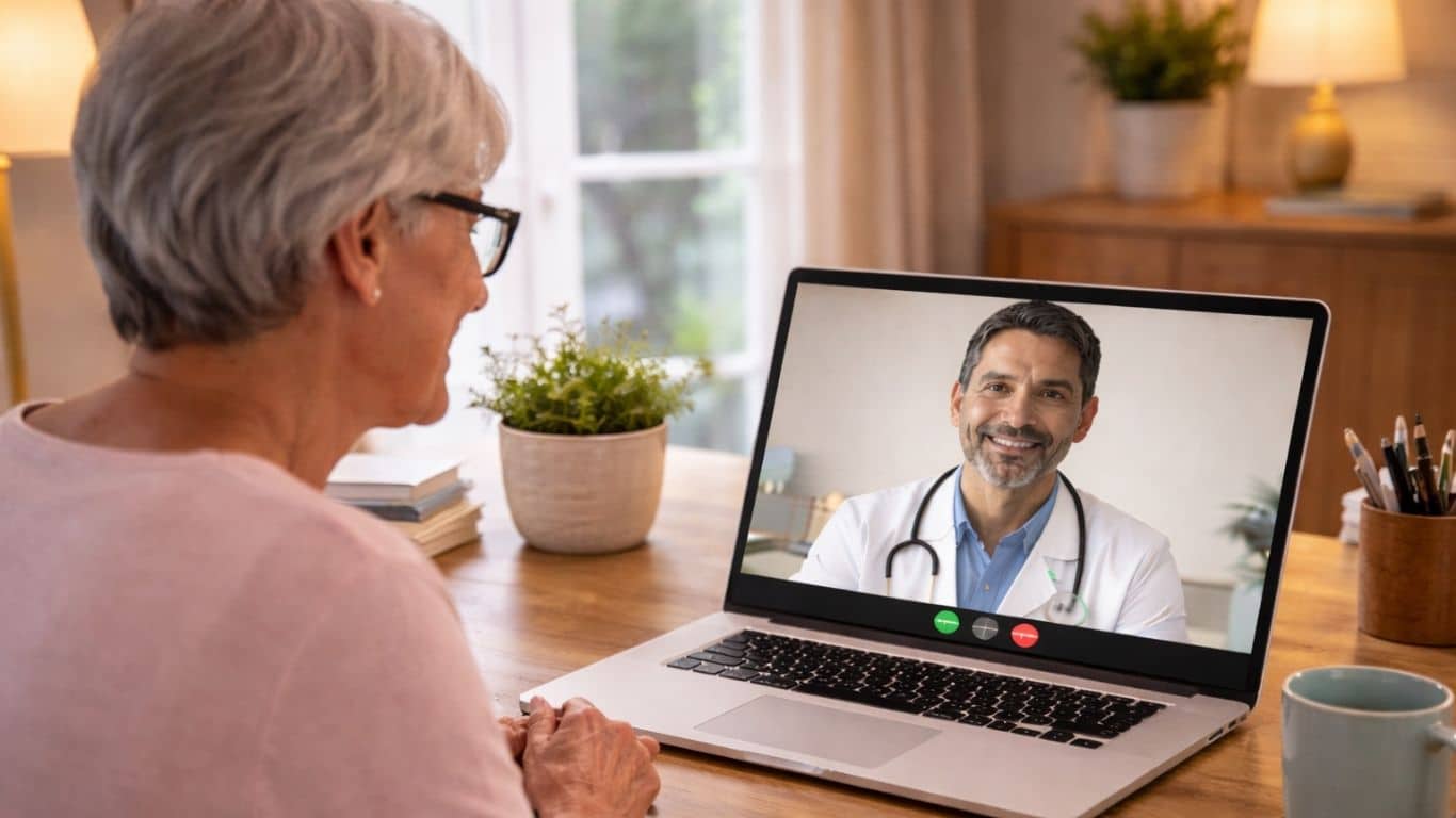 Mulher em casa em teleconsulta médica para sintomas de cistite